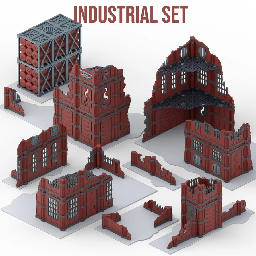 The full Industrial set: red factory buildings, ruins and barrel containers