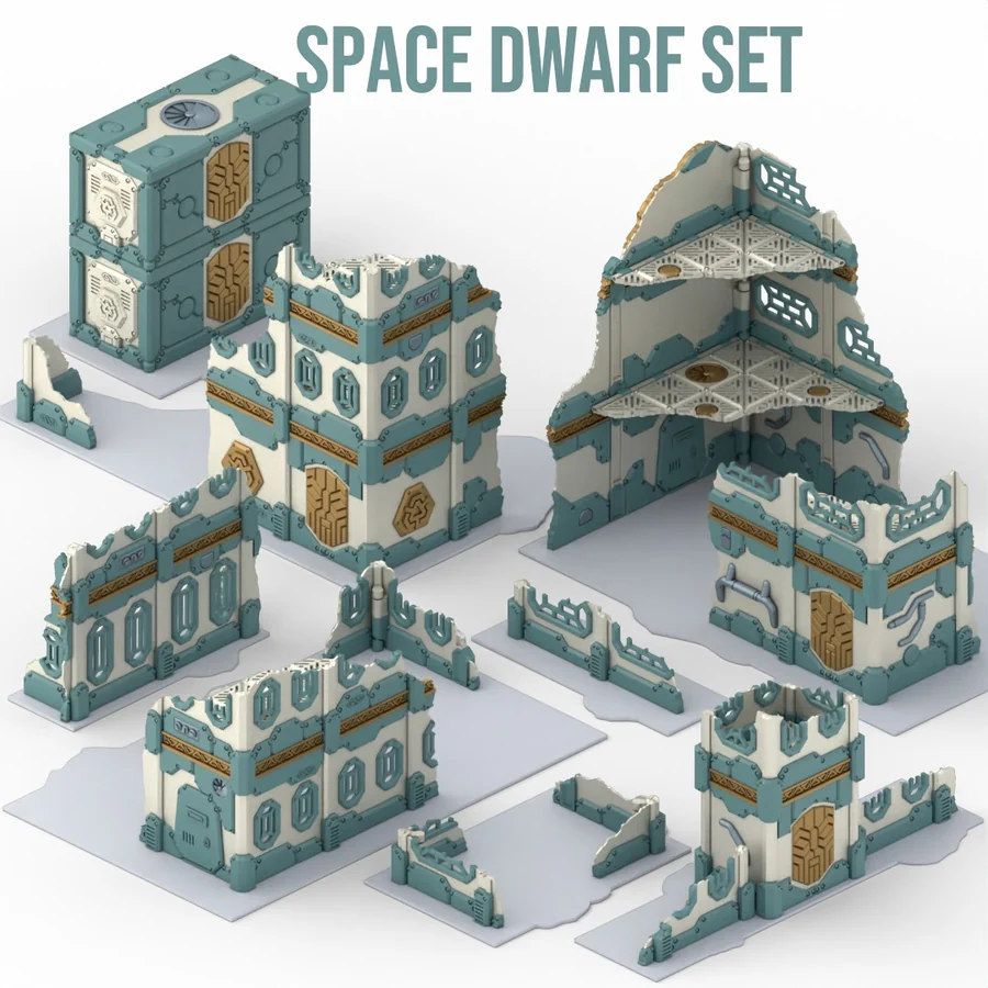The full Space Dwarf set: white and teal armoured buildings, ruins and containers